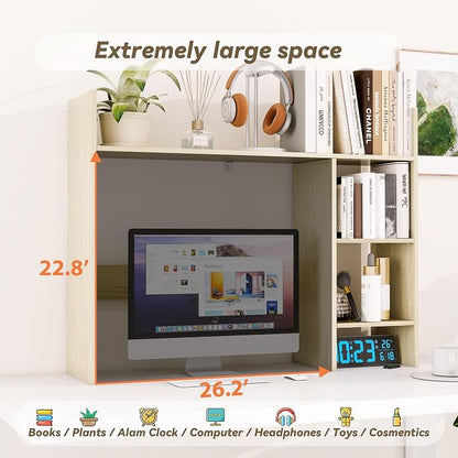 FTZxHKLX Desktop Bookshelf, 37.4’’ Wooden Desk Storage Hutch with 3 Shelves,4 Tier Multipurpose Display Shelf with Storage, Wooden Desk Shelf Organizer for Computer Desk, College Dorm, Office, Home