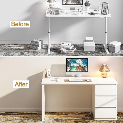 furtble White Desk with Drawers, 53'' W Home Office Computer Desk Gaming Table, Modern Vanity Desk with Storage, Wood Writing Workstation for Bedroom, Living Room, White