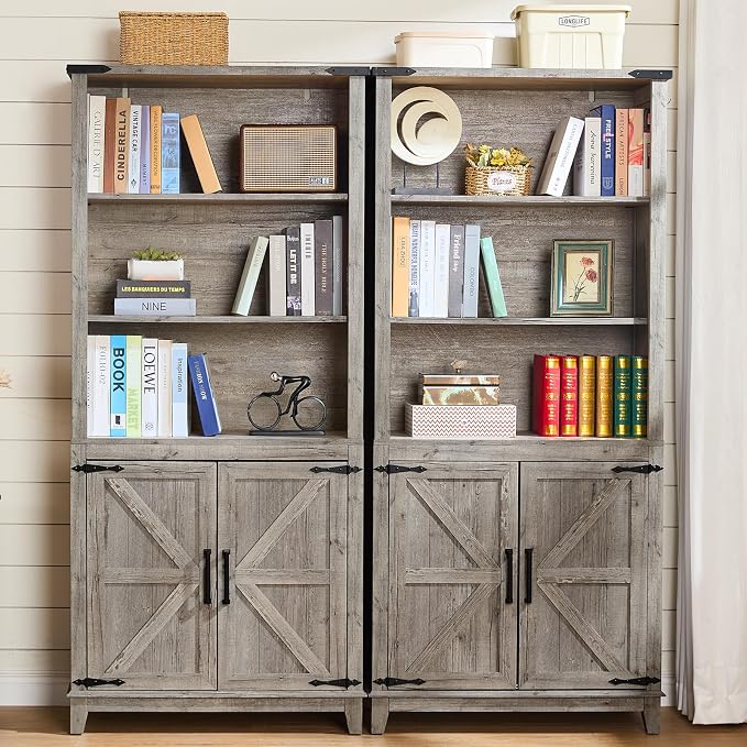 Joaxswe 70in Tall Bookshelf 5 Tier Bookcase with Barn Doors and Adjustable Shelves, Grey Farmhouse Book Shelf with Storage Cabinet, Wood Freestanding Display Bookshelves for Bedroom, Kitchen (2 PCS)