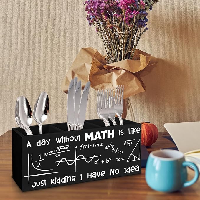 Math Classroom Decor for Desk, Math Teacher Gift for Women Men, A Day Without Is like Just Kidding I Have No Idea Black Wooden Pen Pencil Holder for Classroom Office Desk Accessories