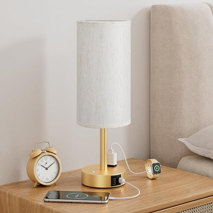 Touch Bedside Table Lamp with Memory - Stepless Dimmable Lamp for Bedroom, Small Nightstand Lamp with Dual USB Charging Ports and AC Outlet, Wood Night Light, Desk Lamp for Nursery (Cream & Gold)