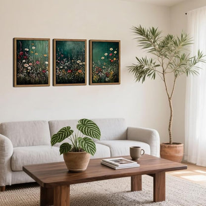 Vintage Wildflower Wall Art Set of 3, Moody Dark Green Flower Botanical Wall Decor Paintings,Nature Floral Farmhouse Landscape Posters Prints Pictures for Living Room Bedroom 16x24 Inch Wood Framed
