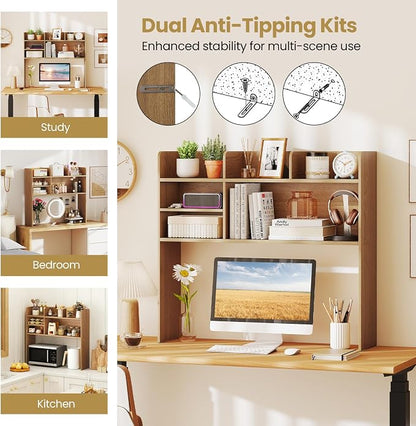 Tangkula Desktop Bookshelf for Computer Up to 32”, 37” Countertop Storage Hutch with 6 Storage Shelves, 3-Tier Desktop Organizer Display Rack, Wooden Desk Hutch for Dorm Home Office (Natural)