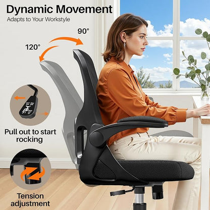 Office Chair Ergonomic Desk Chair, Adjustable Lumbar Support Rolling Swivel Comfy Chair with Space-Saving Flip Up Armrests,Mesh Gaming Chair for Business Work Office & Home, Black