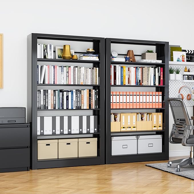 Bookshelf, Heavy Duty Metal Book Shelf, Industrial Tall BookShelves with Adjustable Shelves, 280lbs Shelf Capacity, Large Office Bookcase, Display Book Organizer for Living Room Library - 1+1 Set