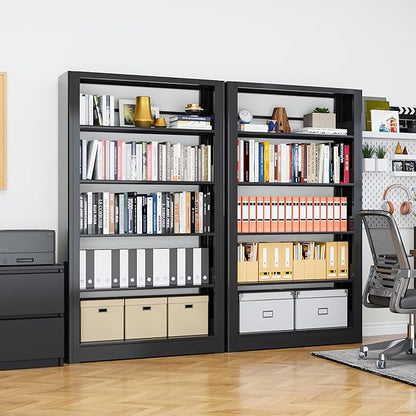 Bookshelf, Heavy Duty Metal Book Shelf, Industrial Tall BookShelves with Adjustable Shelves, 280lbs Shelf Capacity, Large Office Bookcase, Display Book Organizer for Living Room Library - 1+1 Set
