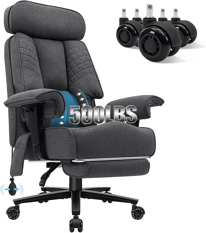 HOFFREE 500lbs Big and Tall Office Chair for Heavy People Executive Office Chair with Wide Seat High Back Computer Desk Chair with Adjustable Lumbar Support Grey Fabric