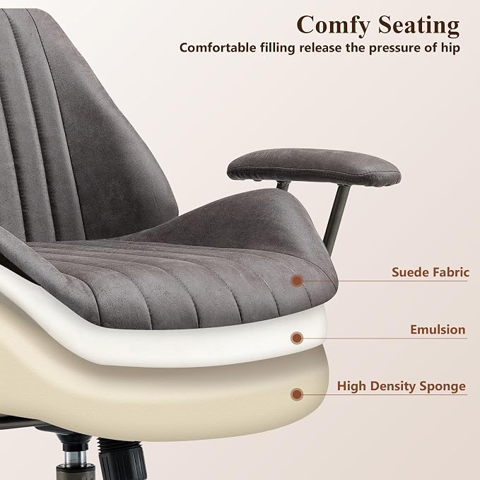 Mid Century Modren Office Chair - Fuax Leather Suede Brown Executive Chairs Ergonomic Mid Back with Lumbar Support, Swivel Computer Desk Task Chair with Wheels for Home Office (Grey, Mid Back)