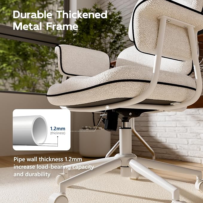 HomeZeer White Office Chair, Memory Foam Seat Mid Century Modern Desk Chair | 3.9" Sloped U-Shaped Memory Foam Cushion, Granular Linen Fabric, Lumbar Support, 1.2mm Sturdy Metal Tube, 400LBS Capacity