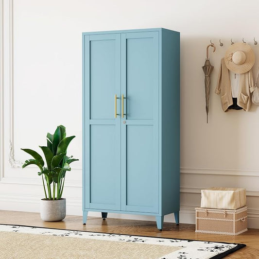 Metal Storage Cabinet with Lock,Blue Steel Tool Cabinet with 3 Adjustable Shelves,61 Tall Freestanding Heavy Duty Garage Locker for Home Office Kitchen 61" H X 27.6" W X 13.8" D