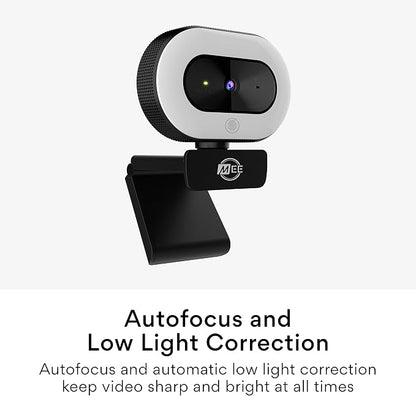 MEE audio CL8A 1080p HD Webcam with Ring Light, Microphone, Autofocus, Low Light Correction, 360° Rotation; USB Streaming Web Camera for Video Calling via Zoom/Skype on Computer PC Mac Laptop Desktop