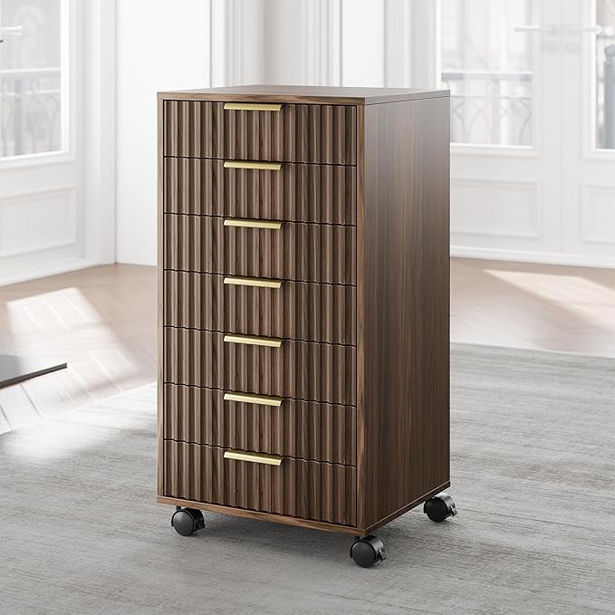 7 Drawer File Cabinet with Wheels for Home Office, Black Walnut | Fluted 7 Drawer Chest, Wood File Cabinet with Lockable Wheels, Anti-Tip Design
