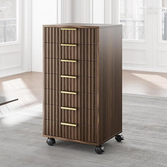 7 Drawer File Cabinet with Wheels for Home Office, Black Walnut | Fluted 7 Drawer Chest, Wood File Cabinet with Lockable Wheels, Anti-Tip Design