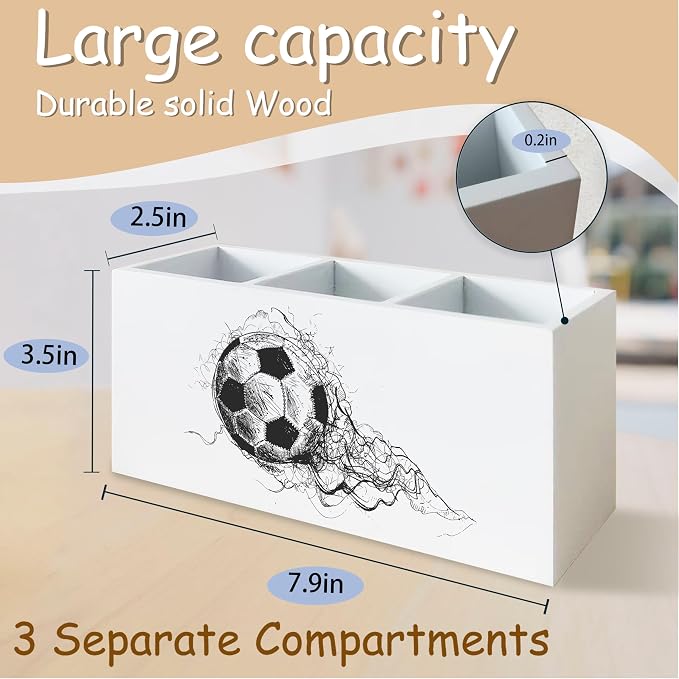 Soccer Ball Pen Pencil Holder Organizer for Desk, Soccer Fan Lovers Players Gifts Wooden Box Block Sign for Home Office Tabletop Decor