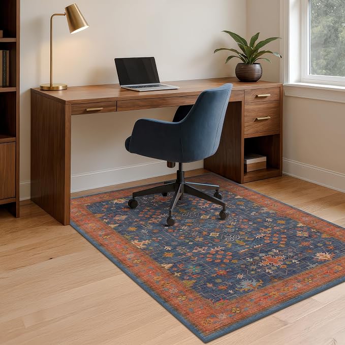 Navy Blue Boho Office Chair Mat for Hardwood Floors, 48x60 Non-Slip Washable Home Office Carpet, Tile Floor Protector for Computer Gaming Chair, Under Desk Rug with Ultra Soft & Low Pile