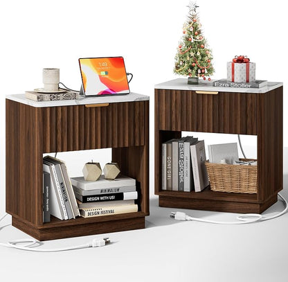 Fluted Nightstand, Night Stand Set 2, 23" Wide Walnut Nightstands Set of 2 with Charging Station & Faux Marble Top, Large Modern End Table with Drawer, Bedside Table for Bedroom Living Room