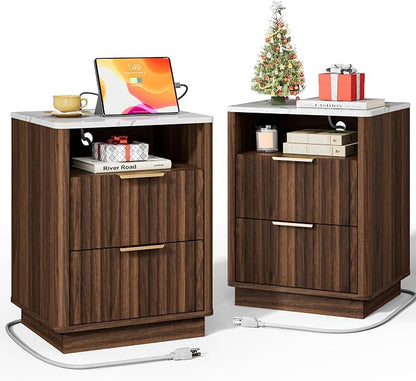 Fluted Nightstand, Night Stand Set 2, Walnut Nightstands Set of 2 with Charging Station and Faux Marble Top, 2 Drawers End Table w/Storage, Modern Bedside Table for Bedroom, Curved Corners