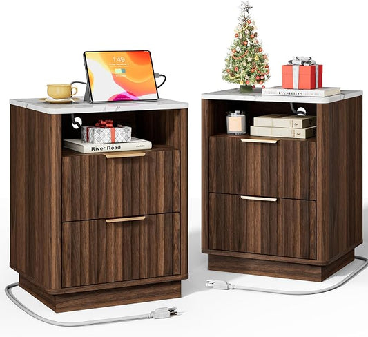 Fluted Nightstand, Night Stand Set 2, Walnut Nightstands Set of 2 with Charging Station and Faux Marble Top, 2 Drawers End Table w/Storage, Modern Bedside Table for Bedroom, Curved Corners