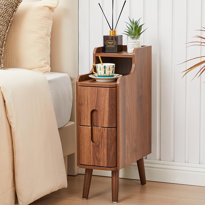 Narrow Nightstand Set of 2, Wood 2 Drawer Small Nightstand, Slim Side Table, Modern Skinny End Bedside Table, Natural Wood Night Stand with Drawers for Bedroom (Walnut-2 pcs)