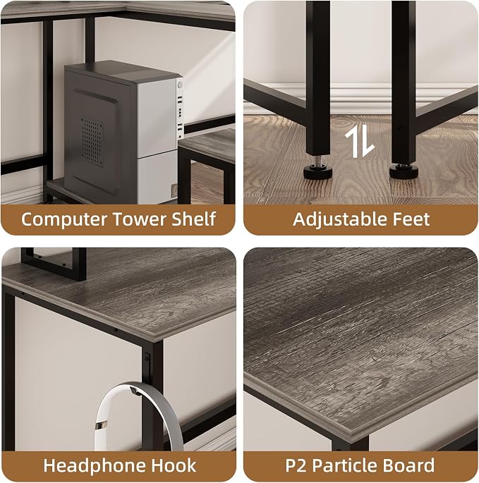 Mexin Two Person Desk-83.7 Inch Double Computer Desk with Monitor Stand and Power Outlets, Office Desk with Storage Shelves, Long Workstation Desk for Home Office, Gray Oak