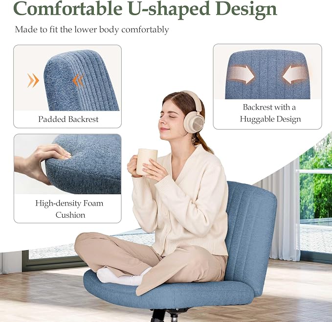 Orange Factory Criss Cross Chair Wheels Wide Cross Legged Office Desk Vanity Dual Base Comfy Fabric Armless Adjustable Swivel for Home Computer Task (Blue Dual Base, Fabric)
