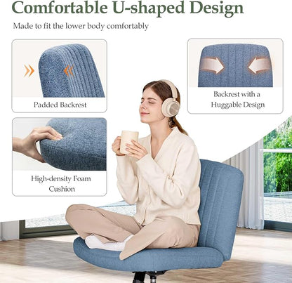 Orange Factory Criss Cross Chair Wheels Wide Cross Legged Office Desk Vanity Dual Base Comfy Fabric Armless Adjustable Swivel for Home Computer Task (Blue Dual Base, Fabric)
