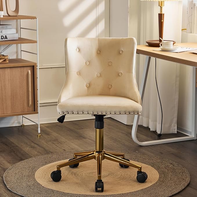 VINGLI Beige Velvet Armless Home Office Desk Chair with Gold Base/Wheels, Small Cute Vanity/Makeup Chair with Back for Bedroom, Upholstered Adjustable Rolling Swivel Nail Chair for Women/Girls