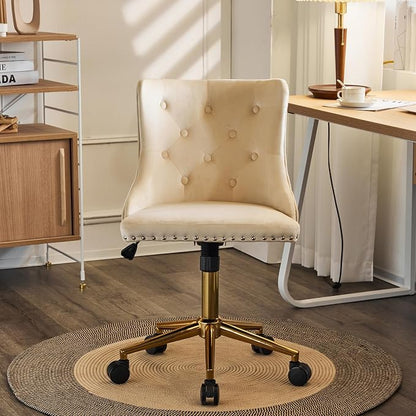 VINGLI Beige Velvet Armless Home Office Desk Chair with Gold Base/Wheels, Small Cute Vanity/Makeup Chair with Back for Bedroom, Upholstered Adjustable Rolling Swivel Nail Chair for Women/Girls