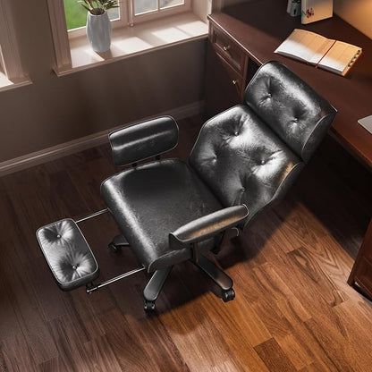 SeekFancy Reclining Criss Cross Office Chair with Wheels & Arms, Black | Button-tufted PU leather; retractable footrest; 400 lbs capacity; 10% thickened wide cushion; retro executive design.