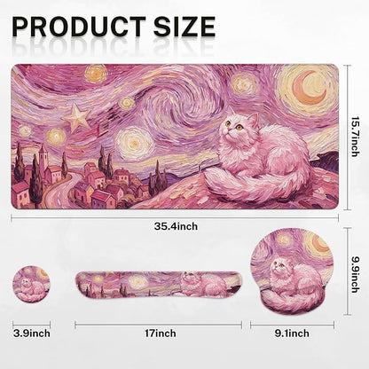 Britimes Pink Cat Moon Keyboard Mouse Pad Set Oil Painting Aesthetic 4in1 Large Mousepad+Keyboard Wrist Rest+Mouse Wrist Rest+Coaster Ergonomic Design for Home Office Computer 35.4x15.7 inches