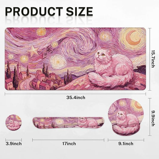Britimes Pink Cat Moon Keyboard Mouse Pad Set Oil Painting Aesthetic 4in1 Large Mousepad+Keyboard Wrist Rest+Mouse Wrist Rest+Coaster Ergonomic Design for Home Office Computer 35.4x15.7 inches