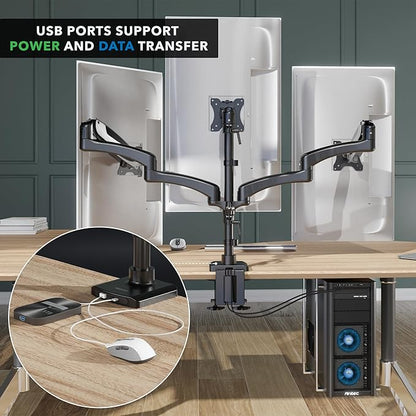Mount-It! Triple Monitor Mount, 3 Monitor Desk Mount with Gas Spring Arms, Fits 13–32 Inch Screens up to 17.6 lbs per Arm, VESA 75 & 100, Clamp or Grommet Base, USB-A & C Ports, Black