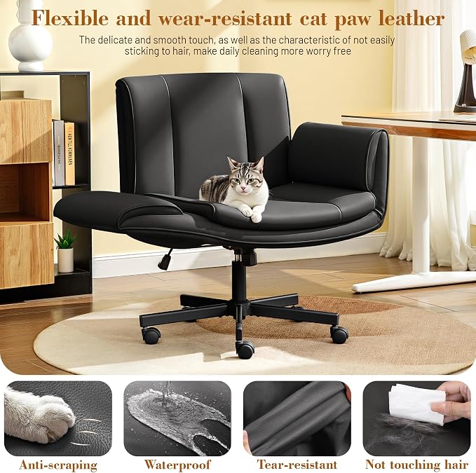 HeroSet Criss Cross Chair with Wheels & Armrests,Comfy Wide Vanity Chair,Scratch-Resistant Pu Leather Cross Legged Desk Chair,Height Adjustable Computer Office Desk Chairs for Home,Makeup,Bedroom