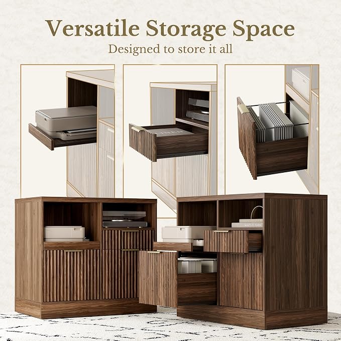 3 Drawer File Cabinet, Fluted Wood Lateral Filing Cabinet with Charging Station for Home Office, Fits for A4/Letter-Sized Files, Printer Stand with Open Storage Shelves, Black Walnut
