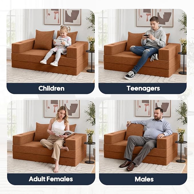 COMAX Futon Sofa Bed, 4‑in‑1 Convertible Sofa Bed, Folding Boneless Couches | Boneless Couch for living room, Fold Out Small Foldable Loveseat Floor Sleeper Mattress Lounge Space‑Saving, Orange