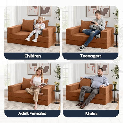 COMAX Futon Sofa Bed, 4‑in‑1 Convertible Sofa Bed, Folding Boneless Couches | Boneless Couch for living room, Fold Out Small Foldable Loveseat Floor Sleeper Mattress Lounge Space‑Saving, Orange