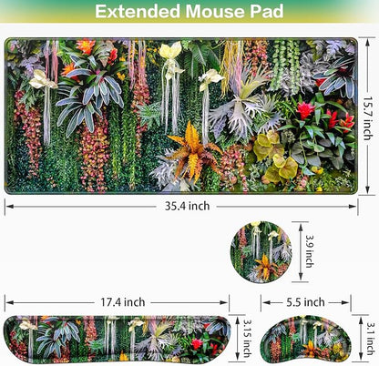 Desk Mat Floral, Large Gaming Mouse Pad with Wrist Rest, 4in1 XXL Mousepad+Keyboard Wrist Rest+Mouse Pad Wrist Support+Cup Coaster Set Ergonomic Computer Desk Arm Wrist for Decor Home Office Women