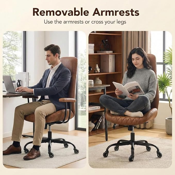 E-Motie Office Chair with Rubber Wheels, Ergonomic Computer Chair 500 lbs, Leather Desk Chair with Lumbar Support, Executive Chair Adjustable Height & Recline, Brown | Ergonomic, Lumbar Support, 360° Swivel & Rolling Wheels, Adjustable Height, for Adul...