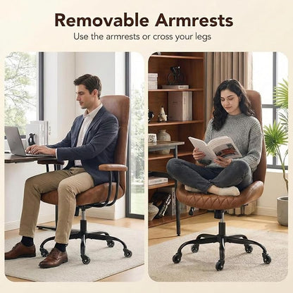 E-Motie Office Chair with Rubber Wheels, Ergonomic Computer Chair 500 lbs, Leather Desk Chair with Lumbar Support, Executive Chair Adjustable Height & Recline, Brown | Ergonomic, Lumbar Support, 360° Swivel & Rolling Wheels, Adjustable Height, for Adul...