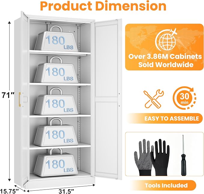71" Metal Pantry Cabinet,Storage Cabinet with Doors and Shelves | Metal Storage Cabinet,Gold Handles,Adjustable Shelves,Magnetic Doors,Leveling Feet,Anti-tipping,for Kitchen/Garage White
