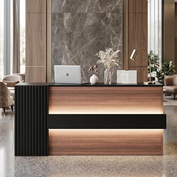 L-Shaped Executive Desk with LED Lights, Modern Reception Desk with AC Power Outlets/USB/Type-C, Executive Workstation with Locked Storage Cabinet, for Office (Black/Brown, 76.7"L/23.6“W/43.4”H)