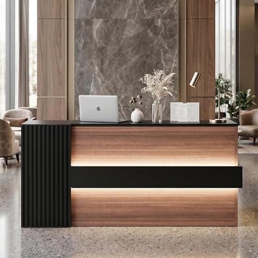 L-Shaped Executive Desk with LED Lights, Modern Reception Desk with AC Power Outlets/USB/Type-C, Executive Workstation with Locked Storage Cabinet, for Office (Black/Brown, 76.7"L/23.6“W/43.4”H)