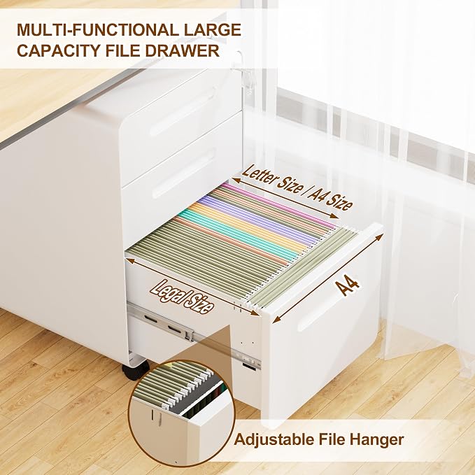 3 Drawer Mobile File Cabinet with Lock and 4 Keys, Small Vertical Metal Rolling Filing Cabinet Under Desk for Home Office Organizer Letters/Legal/A4 Hanging File Folders