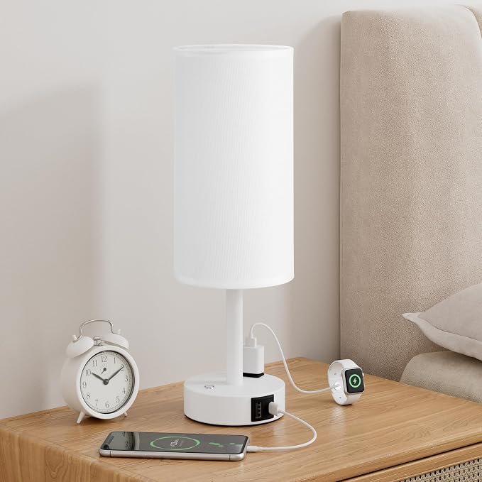 Touch Bedside Table Lamp with Memory - Stepless Dimmable Lamp for Bedroom, Small Nightstand Lamp with Dual USB Charging Ports and AC Outlet, Wood Night Light, Desk Lamp for Nursery (White & White)