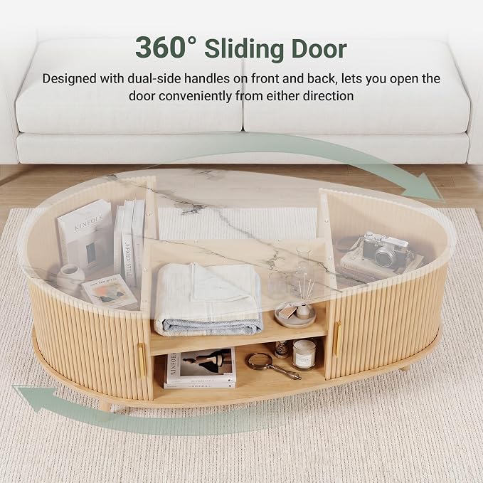 Seang Fluted Coffee Table with Storage,39" Oval Coffee Table with Dual Sliding Doors,Wooden Center Table for Living Room Home Office,Natural