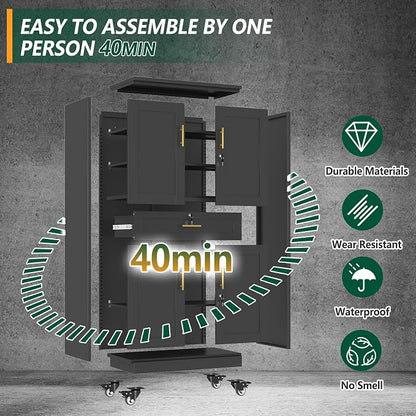 winiowa 71" Tall Metal Garage Storage Cabinet with Wheels and Locking Doors, Locking Rolling Tool Cabinet with Drawer and 3 Adjustable Shelves for Garage,Home,Office-Black