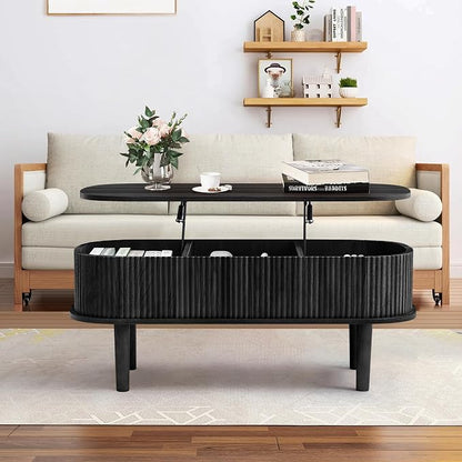 Fully Assembled Fluted Lift Top Coffee Table with Hidden Compartment, Wooden Center Table, Modern Oval Lift Tabletop for Home Living Room Office, Black