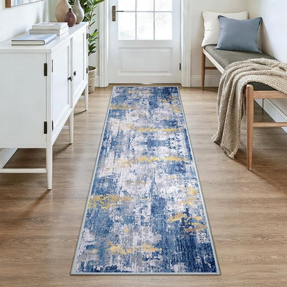 RELEANY Washable Area Rugs 2'6"x8 Non-Slip Modern Abstract Soft for Living Room Entryway Bedroom Kitchen, Print Pattern, Grey Blue Gold/Golden