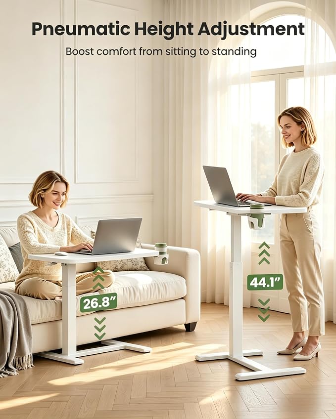 Marsail 28×16" Overbed Table with Wheels and 360° Cup Holder, Height-Adjustable Pneumatic Bedside Table, Mobile Computer Standing Desk for Home Office, White