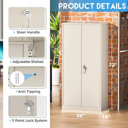 Greenvelly Garage Storage Cabinet,72" Metal Cabinet with 2 Doors and 4 Shelves,Steel File Cabinet for Home Office, Garage, Classroom（Grey 36" X 18"）